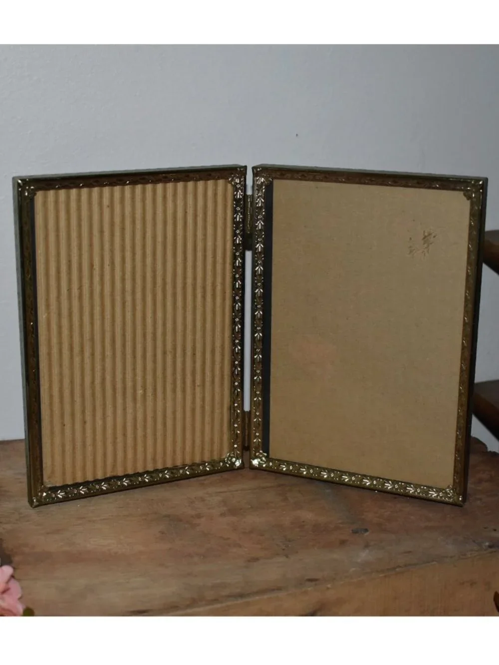 Antique Vintage Folding Brass Plated Steel Metal Double Picture Frame Decor